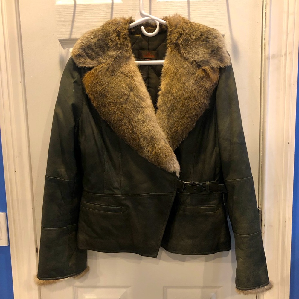 Danier Green Leather Fur Collar Insulated Jacket L 🎄